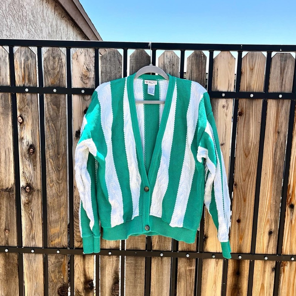 TALBOTS Vintage Cotton Green and White Striped Cable Knit Button Cardigan